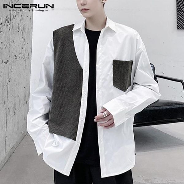 

men shirt patchwork lapel long sleeve button chic casual streetwear personality fashion camisas hombre s-5xl incerun men's shirts, White;black