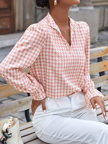 

houndstooth notched neck flounce sleeve blouse g534#, White