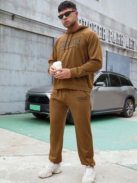 

extended sizes men letter graphic drawstring hoodie & sweatpants a36q#, Gray