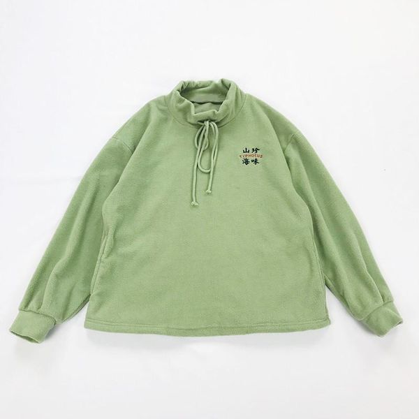 

women's hoodies & sweatshirts japanese harajuku vintage style half high neck drawstring green fleece pullover student for women casual, Black