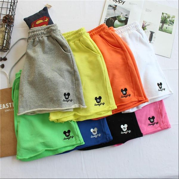 

summer women short cotton shorts elastic waist drawstring loose casual lady kawaii embroidery basic pocket, White;black