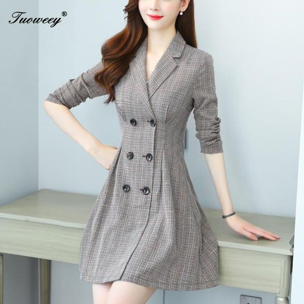 

casual dresses women double breast dress retro 2021 vintage 70s a-line plaid swing autumn spring female elegant tunic midi vestido, Black;gray
