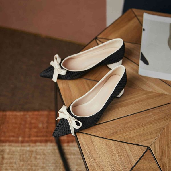 

dress shoes qutaa bowknot pointed toe fashion women slip on square med heels microfiber spring autumn female pumps size 34-43 acuy, Black