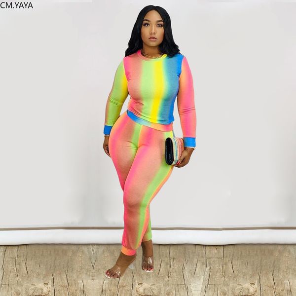 

active wear rainbow striped print womens set long sleeve t-shirt jogger pants suit trasuit two piece set outfitsby air, White