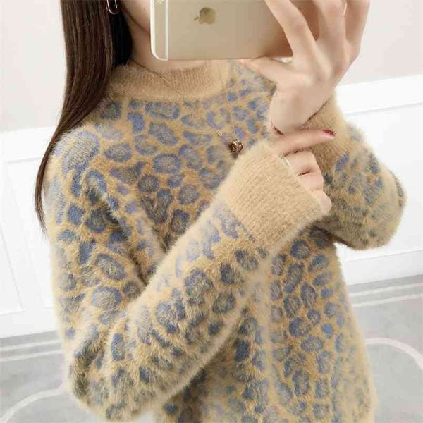 

mink fur leopard sweater women's thick autumn and winter net red lazy wind shirt bottoming round neck warm clothing 210427, White;black