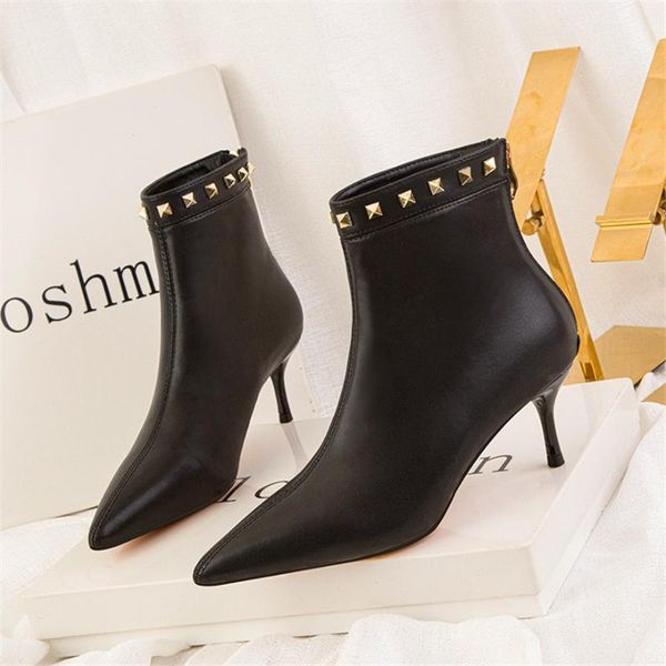 

boots 2021 european thin women's fashion rivet pointed toe leather short woman high heels elastic knitting sock, Black