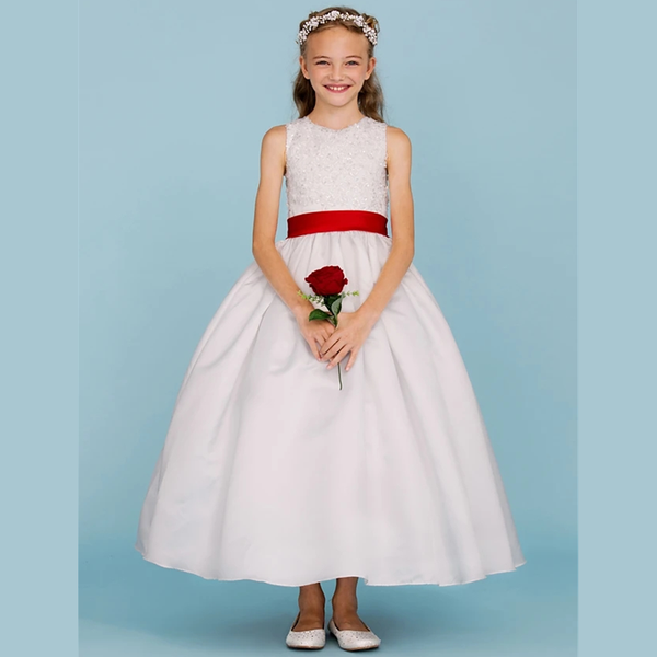 

girl's dresses ball gown ankle length junior bridesmaid dress party lace crew neck with sash / ribbon color block wedding, Red;yellow