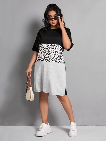 

plus contrast leopard colorblock dress z4sj#, Black