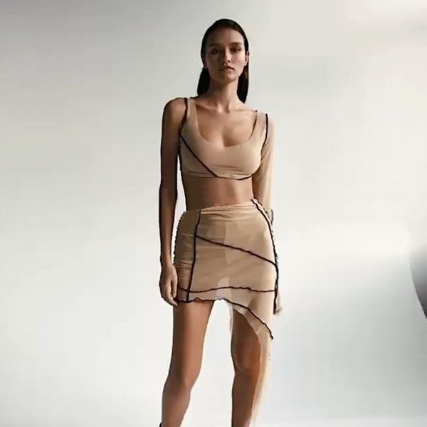 

Women Designer Patchwork Two Piece Set Casual Crop Top Two Piece Irregular Dress Fashion Spring Summer One Shoulder Two Pieces Suit Vestidos, Beige