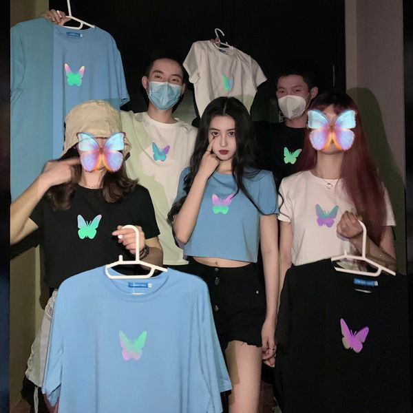 

3 colors sml summer korean style 2021 butterfly print short sleeve loose t-shirts womens tee shirt femme women (c2320), White