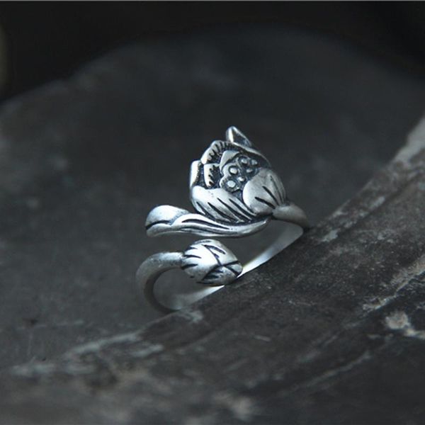 

cluster rings s990 thai antique silver design personality handmade retro lotus flower sterling open for women 2021 high quality, Golden;silver