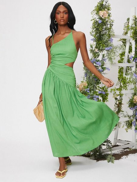 

criss cross lace up backless cut out ruched ruffle hem dress d4ql#, Black;gray