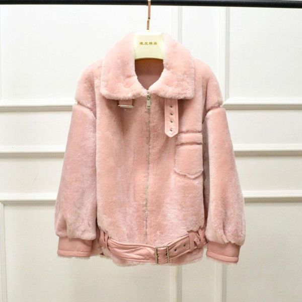 

women's fur & faux women winter coat moto biker style fashion australia imported double-face real sheep lamb wool jacket thort clothes, Black