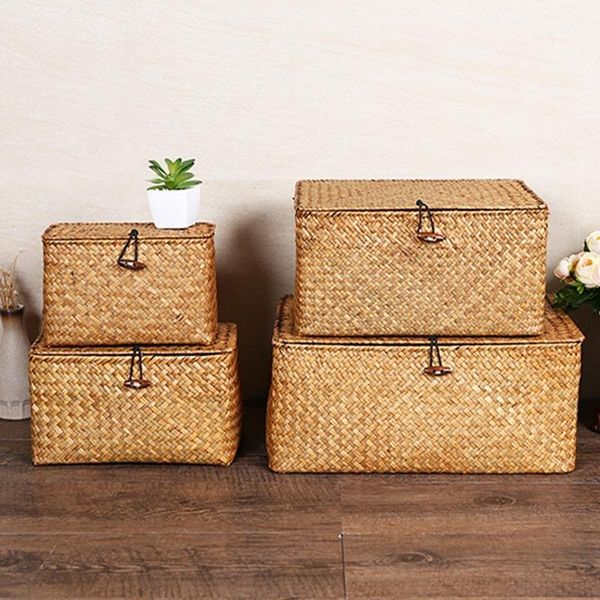 

storage baskets seaweed box hand-woven basket with lid sundries cosmetic container rectangular closet organizer laundry