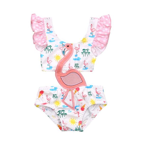 

infant baby girl sweet flamingo patch one piece swimsuit fashion hollow ruffles suspender swimwear bathing suit 0-3y one-pieces, Black