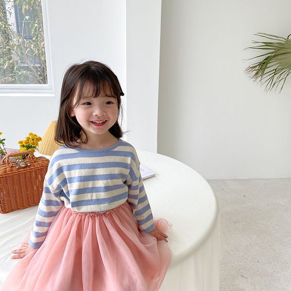 

spring girls stripe knitted long-sleeved thin sweaters girl cotton casual 3 colors clothes 1-7y 210508, Blue