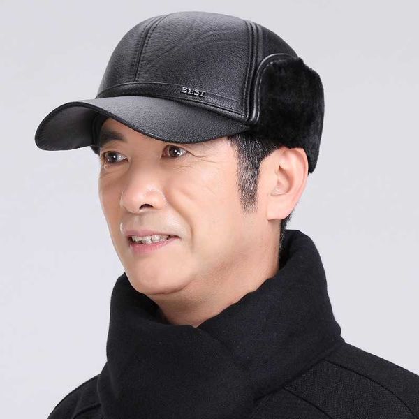 

hat men's winter psh ear protection baseball cap elderly winter warm cotton cap middle-aged and leather best, Blue;gray