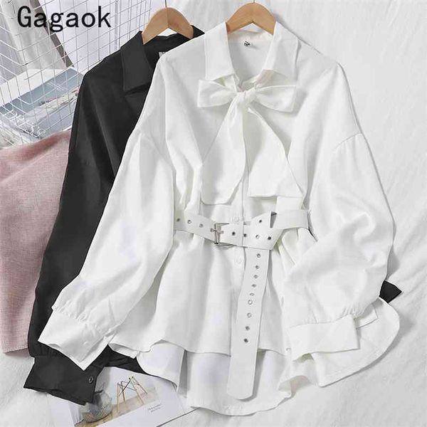 

streetwear women fashion shirt spring autumn solid turn-down collar sashes full loose chic wild and blouses 210531, White