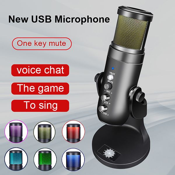 Конденсатор микрофон RGB MIC -подставка Потоковая подкастинка записывает USB -игровой микрофон для компьютера для компьютера