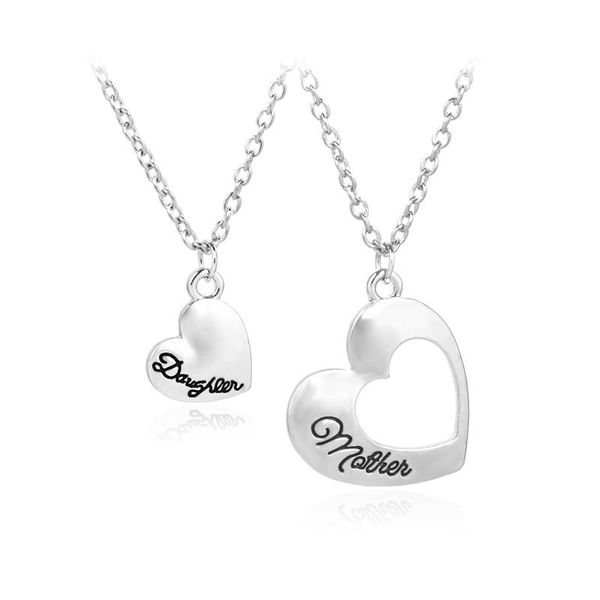 

statement heart mother daughter necklaces hollow splicing necklace polishing letter jewelry mother's day gift for mom/daughter pendant, Silver