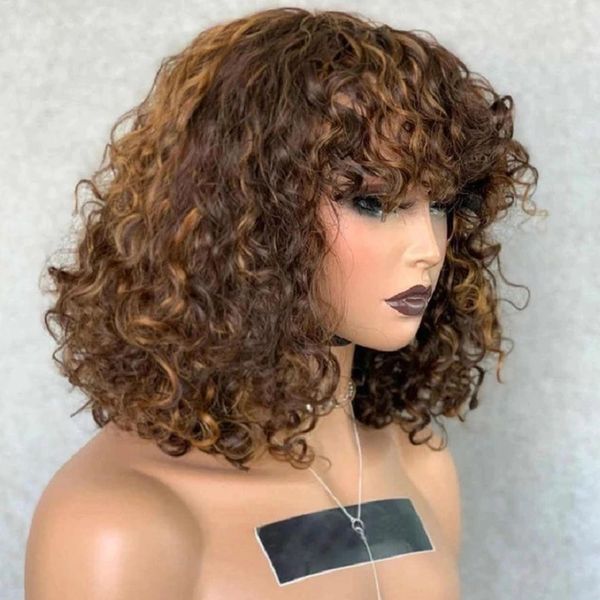 

lx brand fringe wig deep wave human hair wigs with bangs 200 density 99j brown colored wigs short curly bob wig full machine remy hairfactor, Black