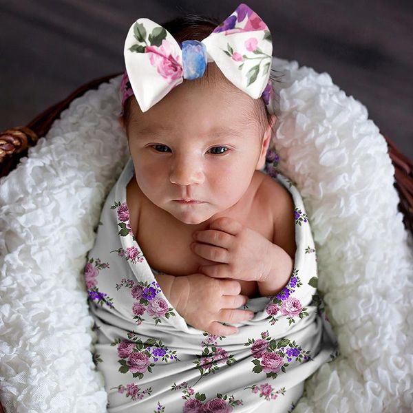 

two-piece born blanket wrapped bowknot headband baby pography and video props kids rose flower printed cloth blankets & swaddling