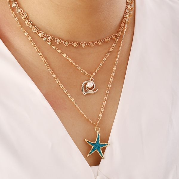 

factory wholesale jewelry love pearl starfish multi layer necklace female personality versatile creative clavicle chain n747 party gift