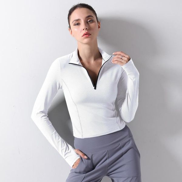 

yoga outfits woman sports zip long sleeve shirt with thumb hole solid quick-dry breathable soft simple gym fitness, White;red