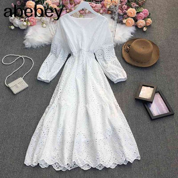 

spring french retro versatile v-neck puff sleeve dress embroidery hollow out loose big skirt 210512, Black;gray