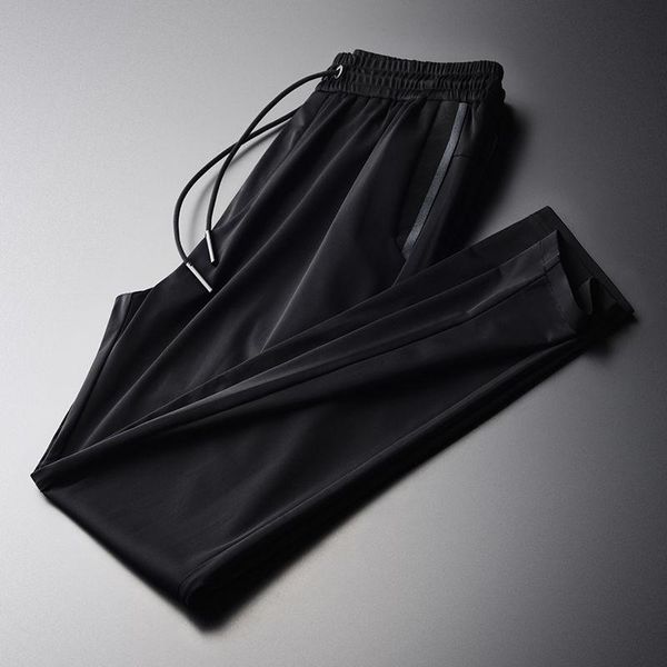 

men's pants summer silk casual for young and middle-aged men fashion simple elastic comfortable thin straight tube breathable, Black