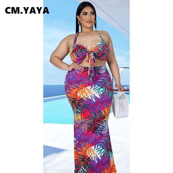 

plus size tracksuits cm.yaya women two piece set print halter sleeveless backless bra+long slim skirts beach dress suit 2021