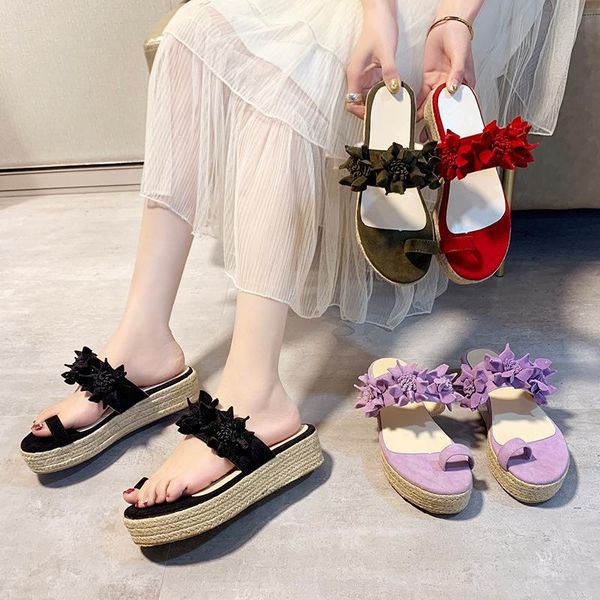 

slippers summer platform sandals with flowers clip-toe flat for women fashion beach shoes comfortable large size, Black