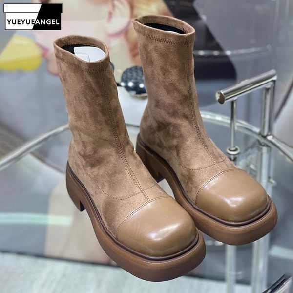 

boots 2021 autumn womens vintage round toe stretch outdoor fashion thick bottom casual elegant ankle boot high quality, Black