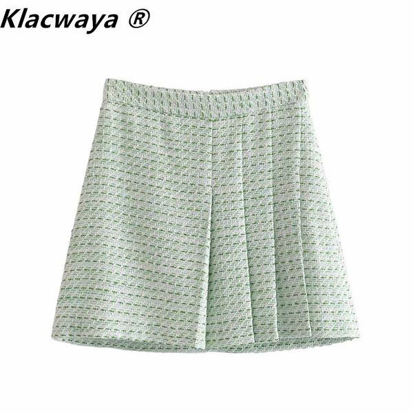 

za women textured tweed skirt spring autumn high waist elegant chic pleated mini sets 210521, Black