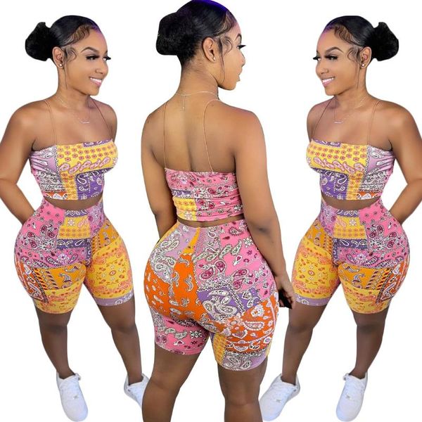 

women's tracksuits european and american summer fashion suspenders wrapped chest printed five-point pants two-piece sportswear women, Gray