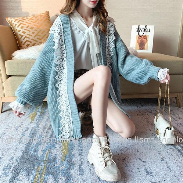 

women's trench coats lace edge sweater jacket women loose korean style 2021 fashion autumn and winter knitted cardigan mid-length casua, Tan;black