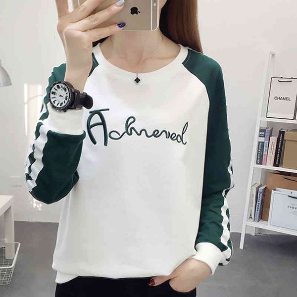 

women's t-shirt shintimes loose patchwork letter tee shirt femme korean fashion embroidery t shirt autumn long sleeve woman tshirt, White
