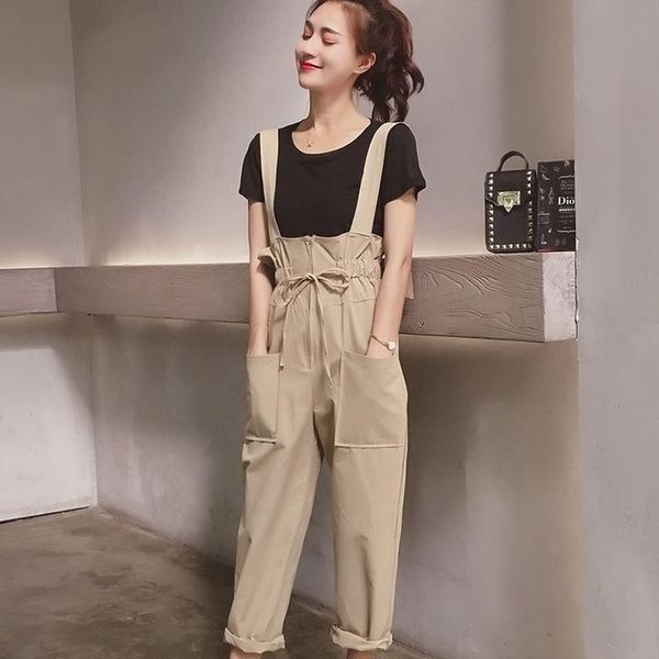

two piece 2021 summer spring fashion and overalls women suits black t-shirt +slim elastic high waist long pants set s344 dress, White