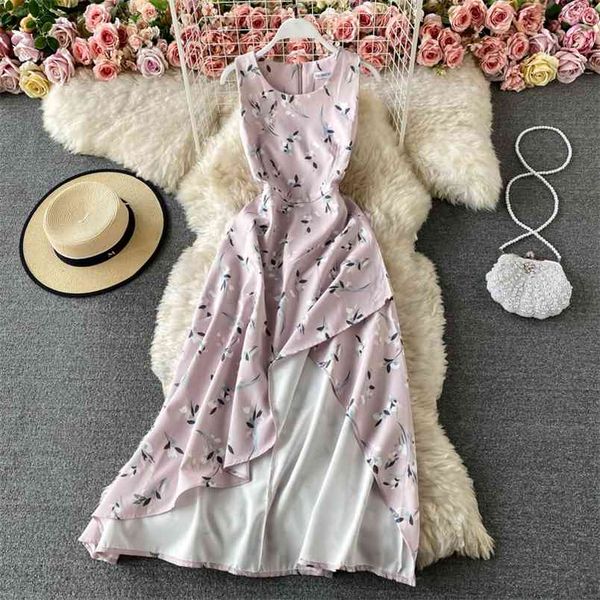 

summer sleeveless round neck print irregular vestidos female temperament slim midi dress c825 210506, Black;gray