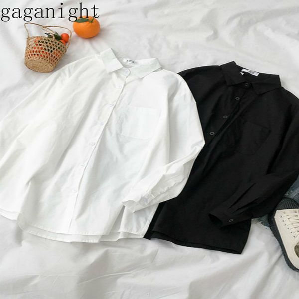 

gaganight solid women shirt long sleeve turn down collar single breasted blouse office lady black white shirts fashion blusas 210519