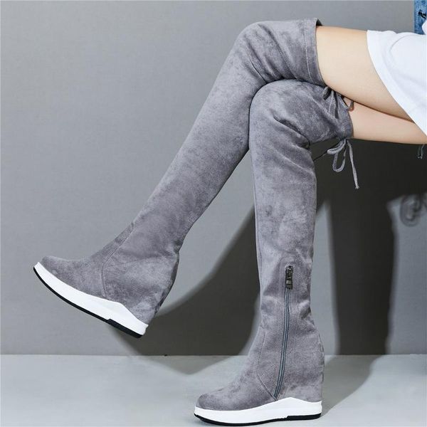 

boots thigh high platform pumps shoes women stretchy velvet over the knee female wedges heel fashion sneakers casual, Black