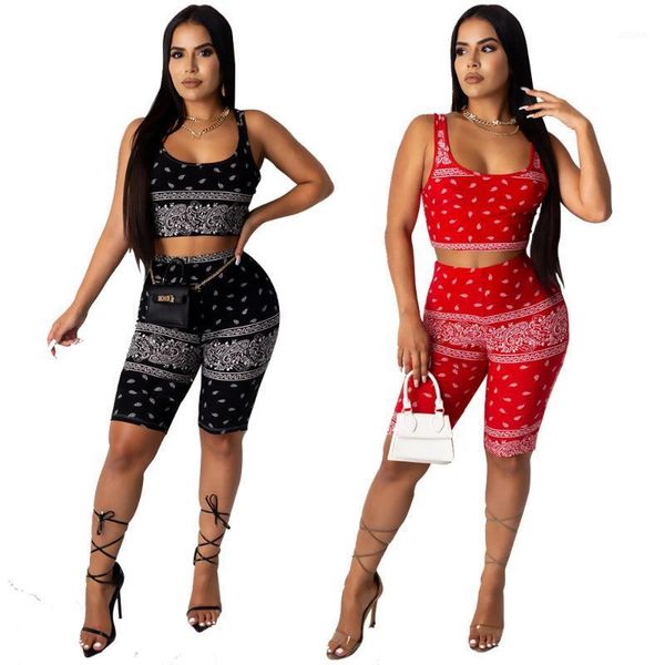 

women street casual style sleeveless round neck short elastic pants printed two piece sets dress, White