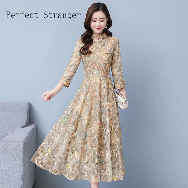 

casual dresses 2021 autumn arrival elegant stand collar flower printed long sleeve women chiffon dress, Black;gray