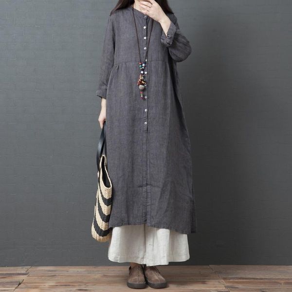 

casual dresses autumn vintage women long sleeve dress loose cotton linen split irregular shirt vestidos plus size a1876, Black;gray