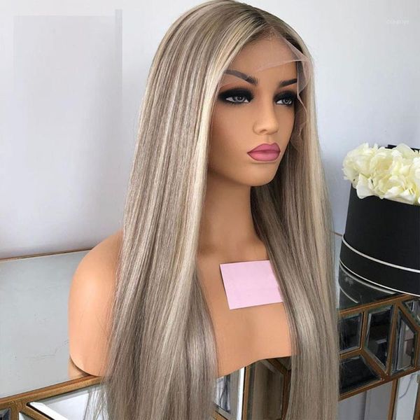 

ombre grey highlights 60# blonde 13x4 lace front human hair wigs for women straight full wig wigs1, Black;brown