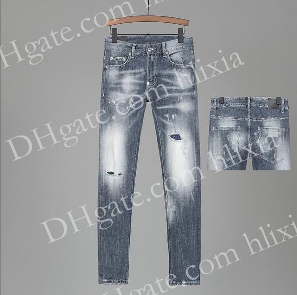 

2021 mens rips stretch black jeans fashion slim fit washed motocycle denim pants panelled hip hop trousers h801 jeans, Blue