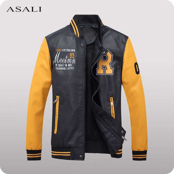 

men baseball jacket embroidery leather jacket mens brand autumn winter fleece pu coats casual leather jacket mens outerwear 211018, Black