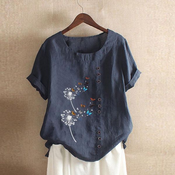 

women's t-shirt casual dandelion floral print linen short-sleeved o-neck shirt plus size summer harajuku style femme, White
