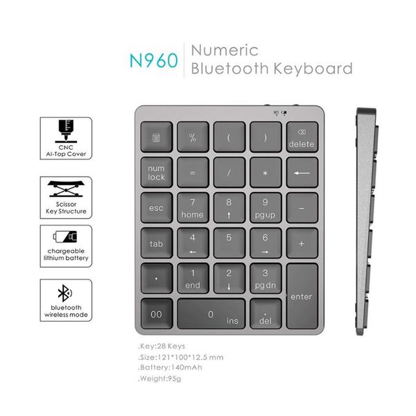 

bluetooth numeric keypad aluminum alloy wireless 28 keys utral slim accounting number keyboard for lappc deskcomputer keyboards