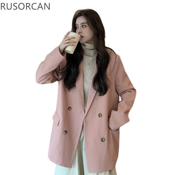 

women's suits & blazers korean version of the spring loose mid-length suit temperament double-breasted all-match long-sleeved jacket fe, White;black